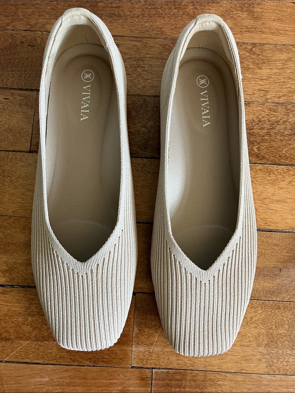 VIVAIA Margot Square Toe V-Cut Knit Ballet Flats Almond Beige 37.5/7